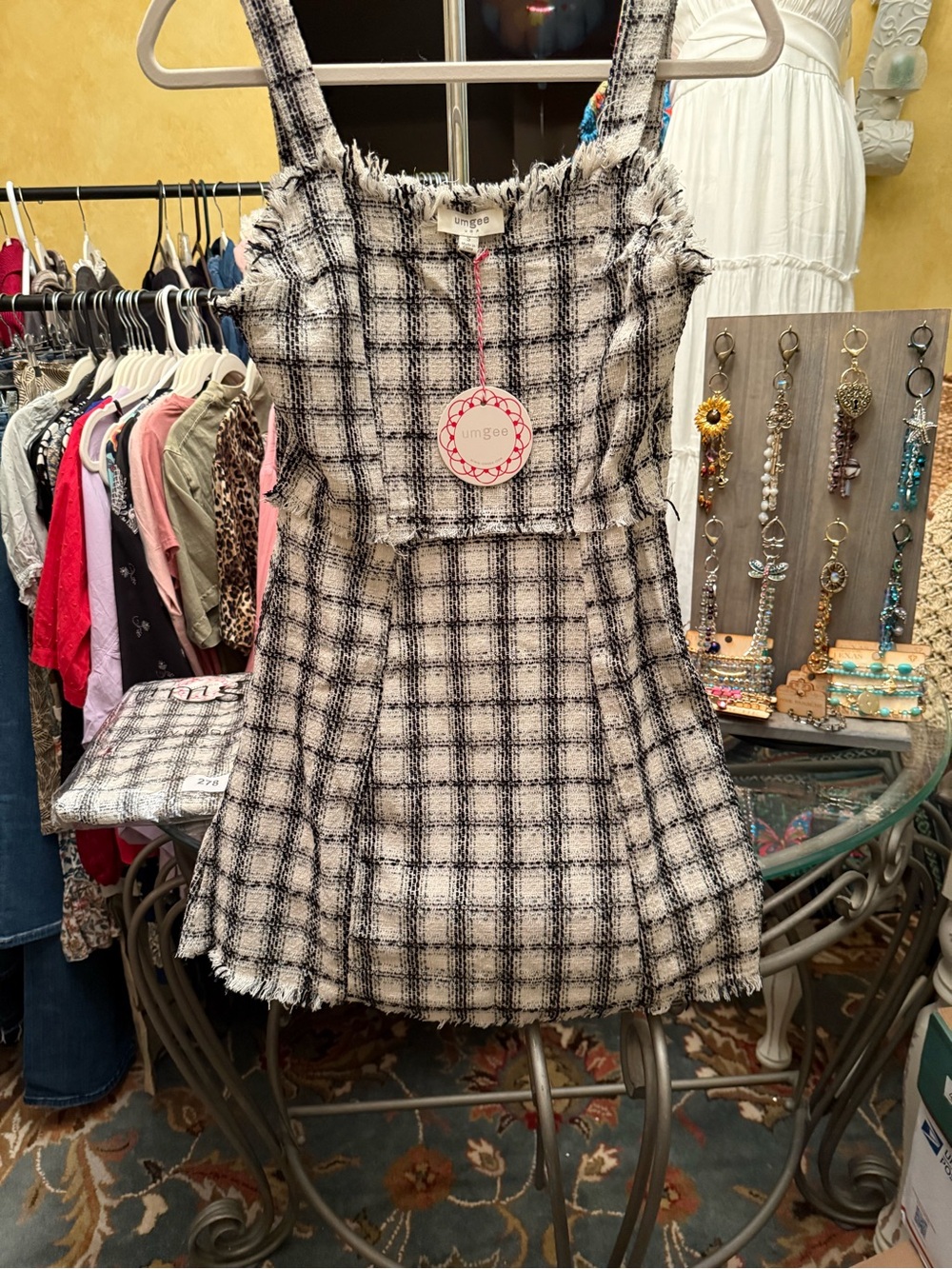 Umgee Black and White Tweed Plaid A-Line Dress